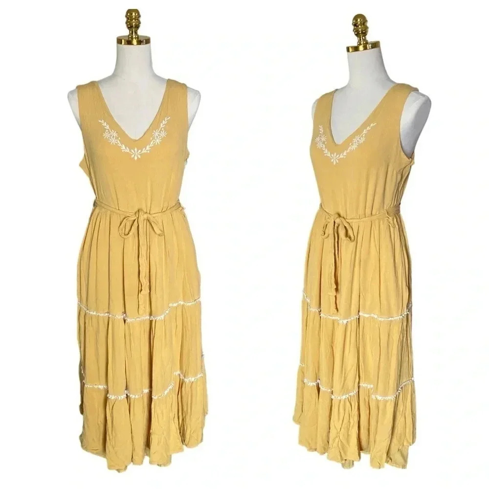 JOIE | Revolve Goldenrod Yellow Embroidered Tiered Boho
Maxi Dress Size 12